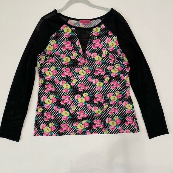 Betsey Johnson Blouse Long Mesh Sleeves Floral Polka dots Women's Size L - Picture 1 of 8